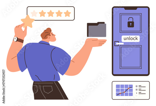 Man holding a folder and star rating, unlocking a locked door. Ideal for digital security, feedback, access, rating, permissions, reviews, file management simple flat metaphor
