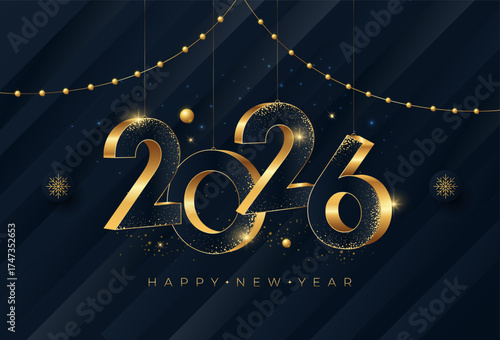 Happy New Year 2026 gold numbers typography greeting card design on dark background with golden decoration elements, elegant Merry Christmas invitation poster