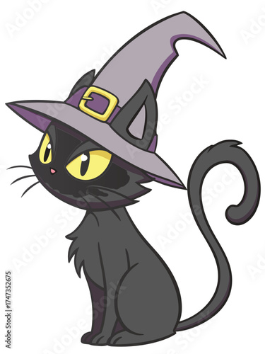 A sleek black cartoon cat with large yellow eyes sits calmly wearing a tilted purple witch’s hat with a gold buckle blending Halloween magic with feline charm.