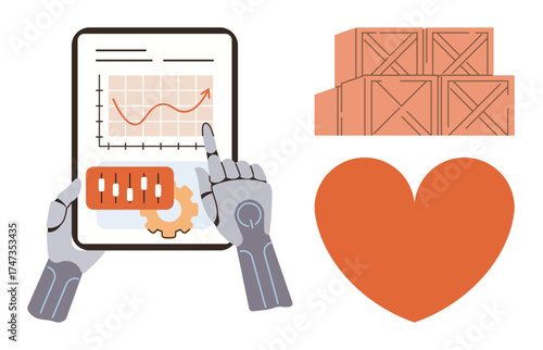 Robotic hands interact with a tablet showcasing stats and graphs, adjacent to packed boxes and heart. Ideal for AI, logistics, analytics, automation, efficiency, innovation, simple flat metaphor