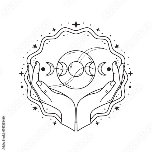 Minimalist line art of female hands holding the moon phases. Sacred lunar cycle symbol for astrology, witchcraft, and spiritual tattoo design.
