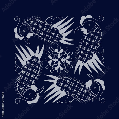 This stunning design features intricately stylized birds surrounded by floral elements, symbolizing harmony and creativity in nature with a sophisticated appeal.