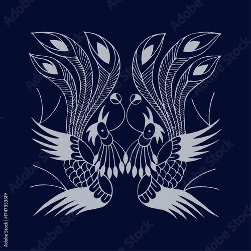 Featuring two stylized birds nestled amid lush feathers, this artwork symbolizes unity and tranquility in nature, resonating with an audience seeking serene and enchanting designs.
