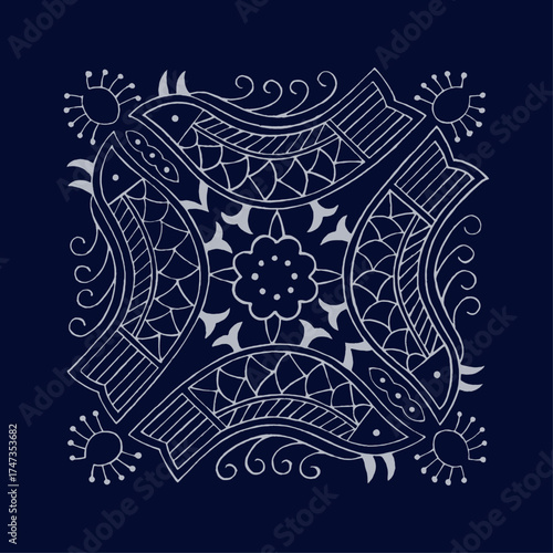 A captivating design featuring stylized fish nestled within a circular composition of flowers, representing prosperity and harmony in nature's cycles and relationships.