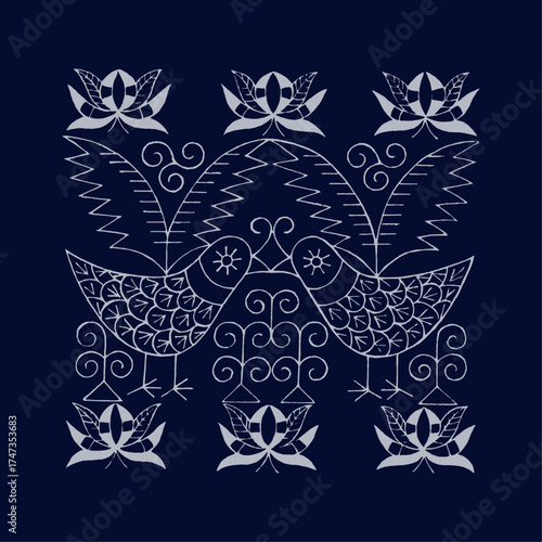 This image portrays two symmetrical birds amidst lush floral arrangements, reflecting balance and harmony through vibrant patterns symbolizing unity and love.