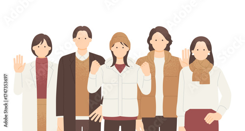 マフラーやニット帽を身に着けてポーズをとる男女5人グループ 上半身イラストセット