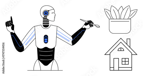 Humanoid robot using a brush highlights artificial intelligence, creativity, and tech integration. Ideal for innovation concepts, sustainability, home design, robotics, AI art, futuristic ideas