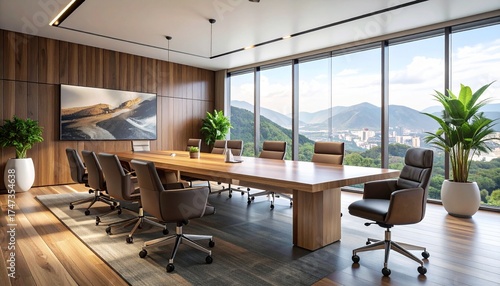 Sophisticated Conference Room with Panoramic Views: A Modern Workspace for Collaboration, Executive Office Interior Design with Elegant Furnishings and Natural Light