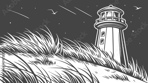 Lighthouse at Night Seascape Illustration with Tall Grass and Birds in Monochrome Style.