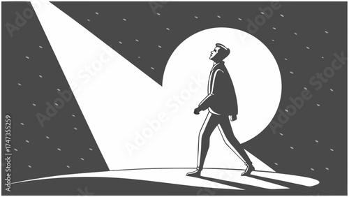 Man walking towards light hope future success journey path silhouette vector illustration.