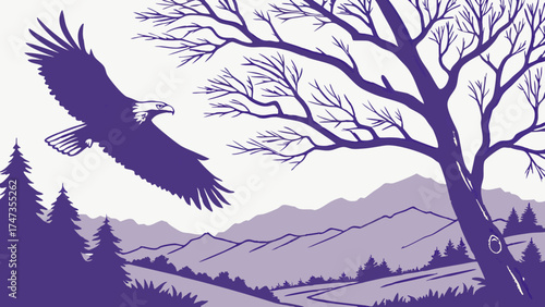 Majestic Eagle Soaring Over Mountain Landscape with Bare Tree Silhouette Illustration.