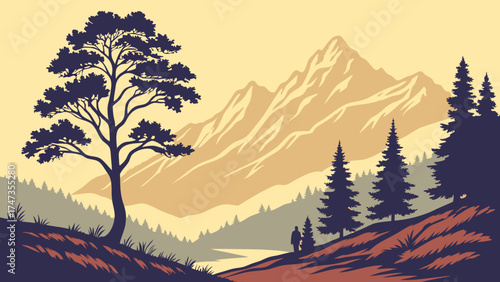 Mountain landscape illustration scenic view of majestic peaks tranquil nature scene hiker silhouette evergreen trees stylized artwork vector illustration travel poster design nature backg.