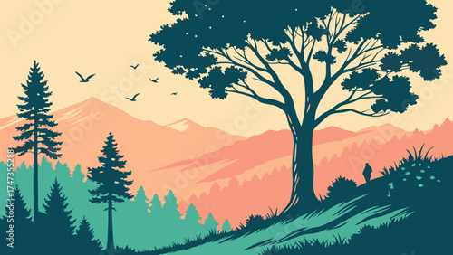 Mountain Landscape with Trees Birds and Person Silhouette Nature Illustration Vector Art.
