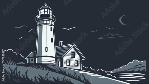Night scene of a lighthouse and house by the sea coastal illustration nautical artwork vector graphic.