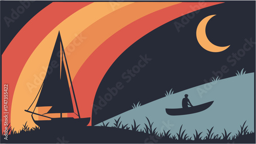 Night scene with sailboat rowboat and rainbow arch under crescent moon Calm water serene landscape illustration.