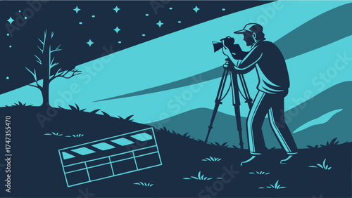 Nighttime Landscape Photography Filmmaker with Camera on Tripod Starry Sky Mountain Scene Artistic Illustration.