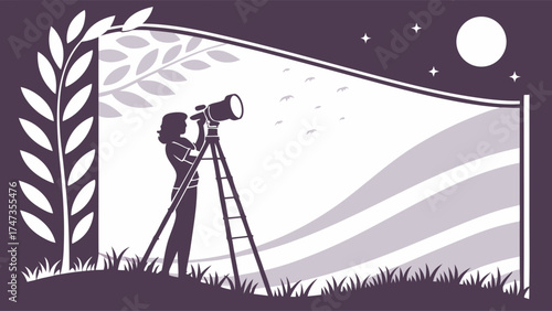 Nighttime Observation Woman Silhouette Using Telescope Starry Sky Birds in Flight Abstract Landscape Illustration.