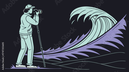 Photographer capturing ocean wave dramatic coastal scene stylized illustration vector art graphic design element.