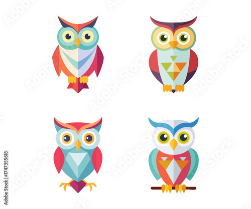 Four colorful, stylized owls with geometric patterns, presented in a flat design.