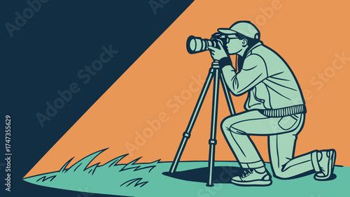 Photographer Kneeling with Camera on Tripod Nature Photography Illustration Vintage Style Graphic.