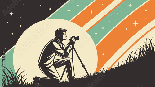 Photographer Kneeling with Camera on Tripod Under Night Sky with Moon and Retro Stripes.