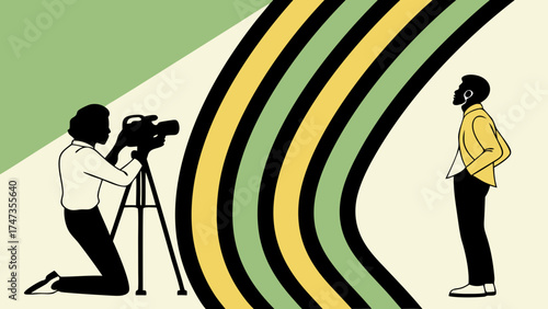 Photographer shooting a model against a colorful abstract background.