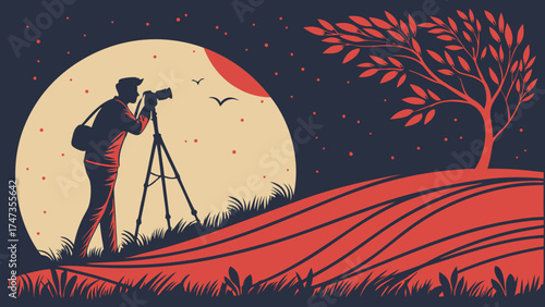 Photographer Silhouette Capturing Night Landscape with Camera on Tripod under Big Moon and Stars.