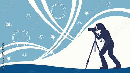 Photographer Silhouette with Camera on Tripod Abstract Blue Background Graphic Design Element.