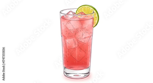 Wallpaper Mural Refreshing pink cocktail with ice cubes, adorned with a lime slice on a white background. Torontodigital.ca