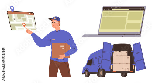 Delivery worker holding parcel, mapping route on tablet, laptop for logistics, and van loaded with boxes. Ideal for logistics, e-commerce, technology integration, delivery service, transportation