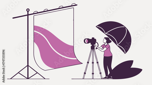 Photographer taking photos in studio with lighting setup and backdrop.