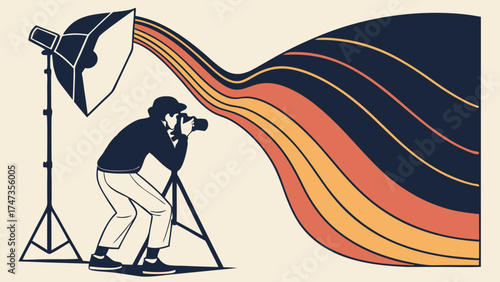 Photographer with Camera and Studio Lighting Retro Style Illustration.
