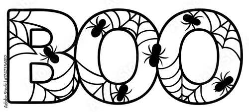 Boo letters filled with spiderweb pattern and crawling spiders across word