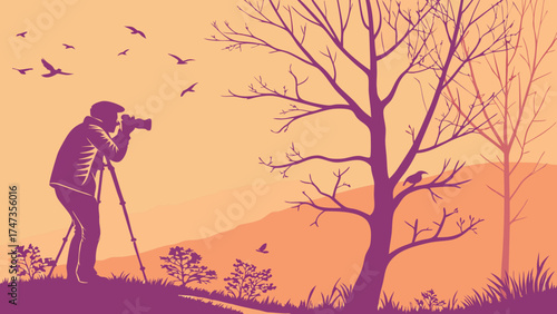 Photographer with camera on tripod in nature birds flying minimalist landscape illustration sunset scene.