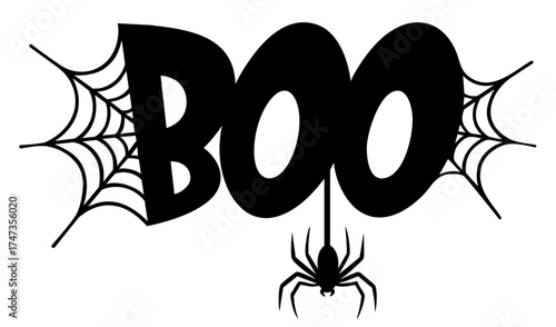 Boo text with big spider hanging from thread and spiderwebs stretched on both sides