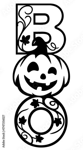 Vertical Boo lettering with smiling jack-o’-lantern pumpkin in center and vine ornaments
