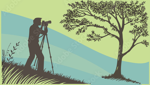 Photographer with camera on tripod near tree in nature scenic outdoor landscape illustration.