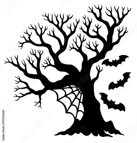 Black silhouette of a tree with twisted branches and spiderweb, surrounded by flying bats, symbolizing Halloween night