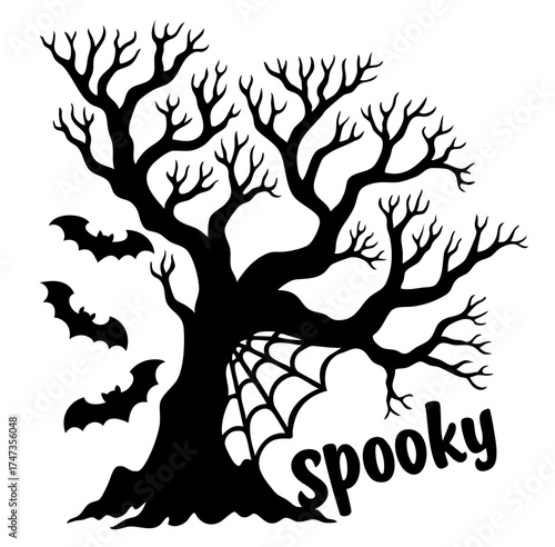 Spooky haunted tree with bats, cobweb and word spooky for Halloween night