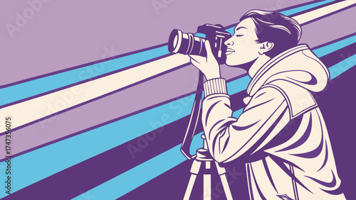 Photographer with Camera on Tripod Retro Style Illustration Photography Concept.