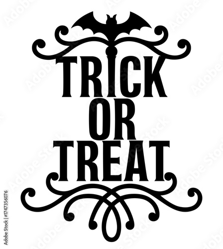 Trick or treat Halloween lettering with bat silhouette and curly ornaments for front door candy decoration on October 31 night
