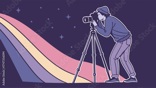 Photographer with DSLR camera on a tripod at night pastel rainbow background illustration.