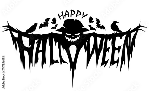 Happy Halloween scarecrow lettering with pumpkin head, crows and bats on spooky night field
