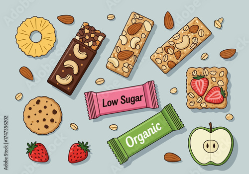 Top View of Healthy Snack Bars and Natural Ingredients, Set of Cereal, Granola, and Energy Bars with Fruits and Nuts