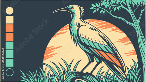 Retro Bird Illustration Wildlife Art Vintage Style Bird Graphic Nature Scene Bird in Grass Sunset Background Vector Illustration Animal Artwork Colorful Bird Design Tropical Bird Graphic.