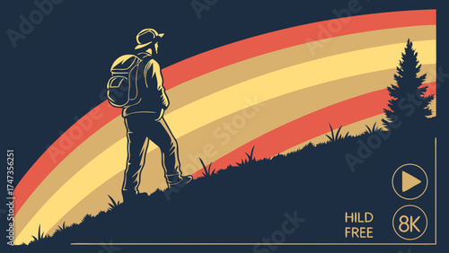 Retro hiker silhouette walking uphill against a vibrant rainbow backdrop vector illustration 8k nature travel adventure.