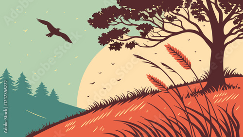 Retro Landscape Illustration Birds Tree Grass Sunset Hillside Nature Scene Vector Art.