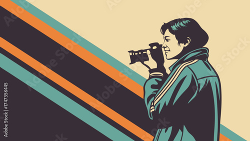 Retro Style Illustration of a Person Taking a Photograph with a Camera on Diagonal Stripes Background.
