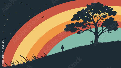 Retro styled illustration of a person standing on a hill under a rainbow at night with a tree and grass.