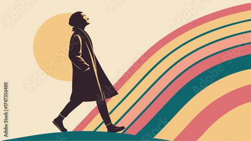 Retro styled illustration of a person walking towards a rainbow minimalist design vector art fashion illustration hopeful concept.